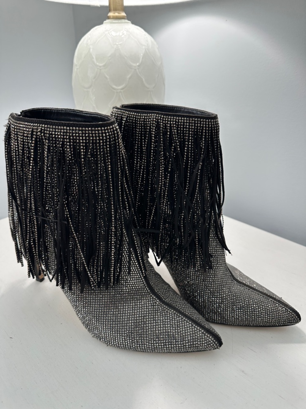 INC International Concepts Black Rhinestone Fringe Ankle Boots